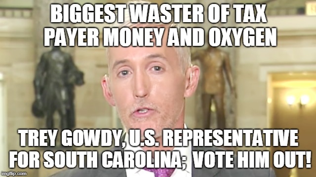 BIGGEST WASTER OF TAX PAYER MONEY AND OXYGEN; TREY GOWDY, U.S. REPRESENTATIVE FOR SOUTH CAROLINA;  VOTE HIM OUT! | made w/ Imgflip meme maker