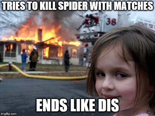 Disaster Girl | TRIES TO KILL SPIDER WITH MATCHES; ENDS LIKE DIS | image tagged in memes,disaster girl,spider fail,fire | made w/ Imgflip meme maker