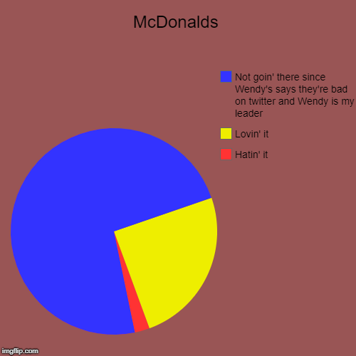McDonalds | Hatin' it, Lovin' it, Not goin' there since Wendy's says they're bad on twitter and Wendy is my leader | image tagged in funny,pie charts | made w/ Imgflip chart maker