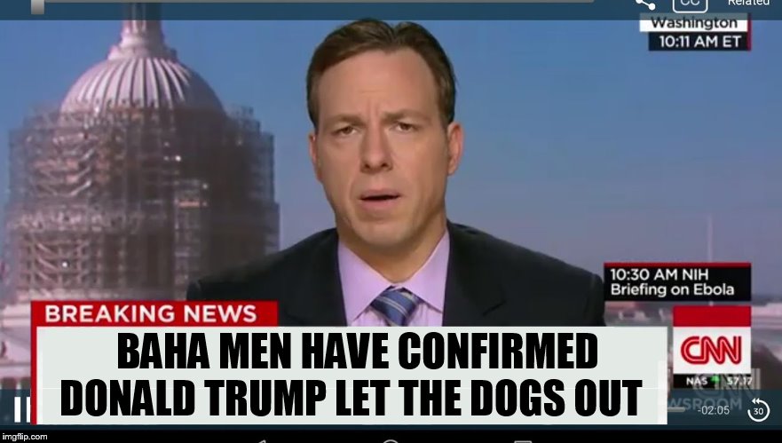 cnn breaking news template | BAHA MEN HAVE CONFIRMED DONALD TRUMP LET THE DOGS OUT | image tagged in cnn breaking news template | made w/ Imgflip meme maker