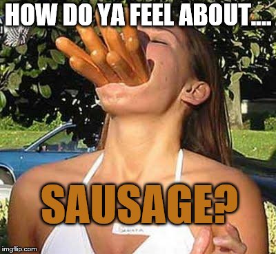 Girl with sausages | HOW DO YA FEEL ABOUT.... SAUSAGE? | image tagged in girl with sausages | made w/ Imgflip meme maker