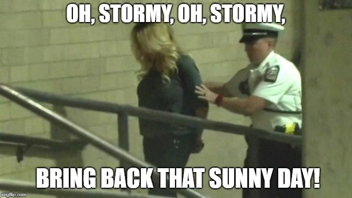 OH, STORMY, OH, STORMY, BRING BACK THAT SUNNY DAY! | image tagged in stormy daniels gets arrested,current events,1960's,song | made w/ Imgflip meme maker