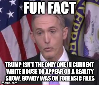 Trey Gowdy | FUN FACT; TRUMP ISN'T THE ONLY ONE IN CURRENT WHITE HOUSE TO APPEAR ON A REALITY SHOW. GOWDY WAS ON FORENSIC FILES | image tagged in trey gowdy | made w/ Imgflip meme maker