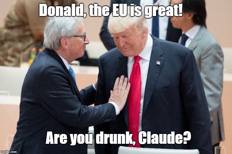 EU-Juncker with Trump | Donald, the EU is great! Are you drunk, Claude? | image tagged in donald trump | made w/ Imgflip meme maker