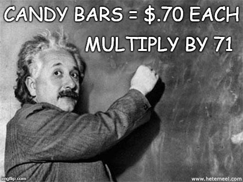 Einstein on God | CANDY BARS = $.70 EACH MULTIPLY BY 71 | image tagged in einstein on god | made w/ Imgflip meme maker