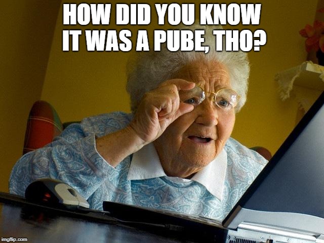 HOW DID YOU KNOW IT WAS A PUBE, THO? | image tagged in memes,grandma finds the internet | made w/ Imgflip meme maker