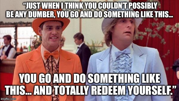 dumb and dumber | “JUST WHEN I THINK YOU COULDN’T POSSIBLY BE ANY DUMBER, YOU GO AND DO SOMETHING LIKE THIS…; YOU GO AND DO SOMETHING LIKE THIS… AND TOTALLY REDEEM YOURSELF.” | image tagged in dumb and dumber | made w/ Imgflip meme maker