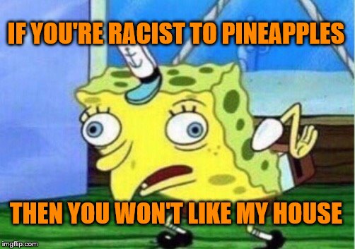 Mocking Spongebob Meme | IF YOU'RE RACIST TO PINEAPPLES THEN YOU WON'T LIKE MY HOUSE | image tagged in memes,mocking spongebob | made w/ Imgflip meme maker