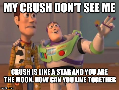X, X Everywhere | MY CRUSH DON'T SEE ME; CRUSH IS LIKE A STAR AND YOU ARE THE MOON. HOW CAN YOU LIVE TOGETHER | image tagged in memes,x x everywhere | made w/ Imgflip meme maker