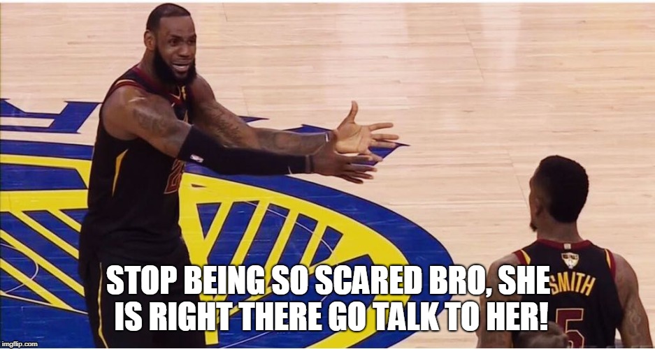lebron james + jr smith | STOP BEING SO SCARED BRO, SHE IS RIGHT THERE GO TALK TO HER! | image tagged in lebron james  jr smith | made w/ Imgflip meme maker