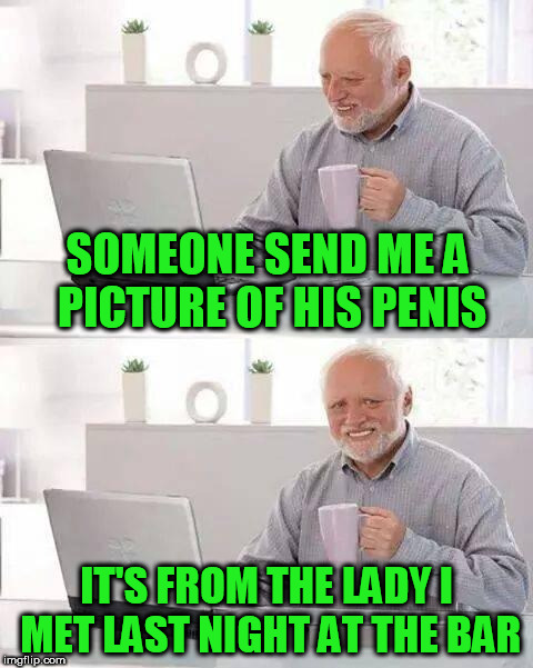 Hide the Pain Harold Meme | SOMEONE SEND ME A PICTURE OF HIS PENIS; IT'S FROM THE LADY I MET LAST NIGHT AT THE BAR | image tagged in memes,hide the pain harold | made w/ Imgflip meme maker