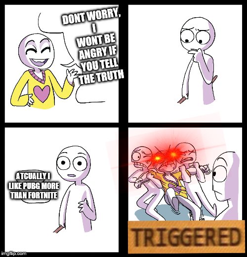 Triggered | DONT WORRY, I WONT BE ANGRY IF YOU TELL THE TRUTH; ATCUALLY I LIKE PUBG MORE THAN FORTNITE | image tagged in triggered | made w/ Imgflip meme maker