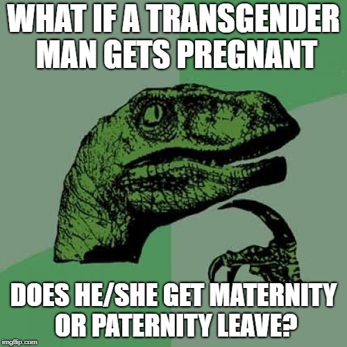 Philosoraptor Meme | WHAT IF A TRANSGENDER MAN GETS PREGNANT; DOES HE/SHE GET MATERNITY OR PATERNITY LEAVE? | image tagged in memes,philosoraptor | made w/ Imgflip meme maker