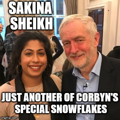 Sakina Sheikh - another Corbyn snowflake | SAKINA SHEIKH; JUST ANOTHER OF CORBYN'S SPECIAL SNOWFLAKES | image tagged in corbyn eww,communist socialist,momentum students,wearecorbyn,gtto jc4pm,cultofcorbyn | made w/ Imgflip meme maker