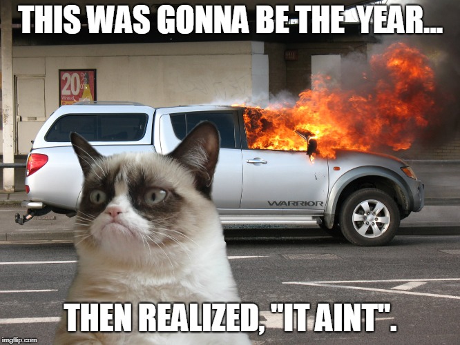 Grumpy Cat Car on Fire | THIS WAS GONNA BE THE  YEAR... THEN REALIZED, "IT AINT". | image tagged in grumpy cat car on fire | made w/ Imgflip meme maker
