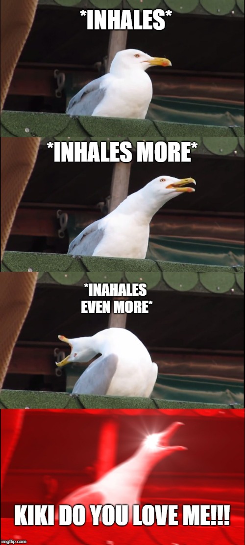 Inhaling Seagull Meme | *INHALES*; *INHALES MORE*; *INAHALES EVEN MORE*; KIKI DO YOU LOVE ME!!! | image tagged in memes,inhaling seagull | made w/ Imgflip meme maker