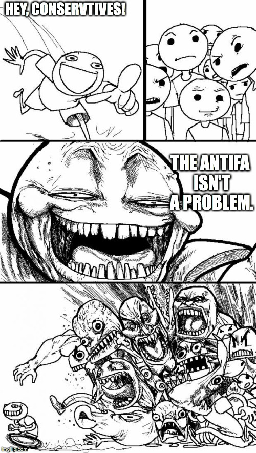 The majority of the people on this site will hate me now. lol | HEY, CONSERVTIVES! THE ANTIFA ISN'T A PROBLEM. | image tagged in memes,hey internet,stupid conservatives,antifa | made w/ Imgflip meme maker