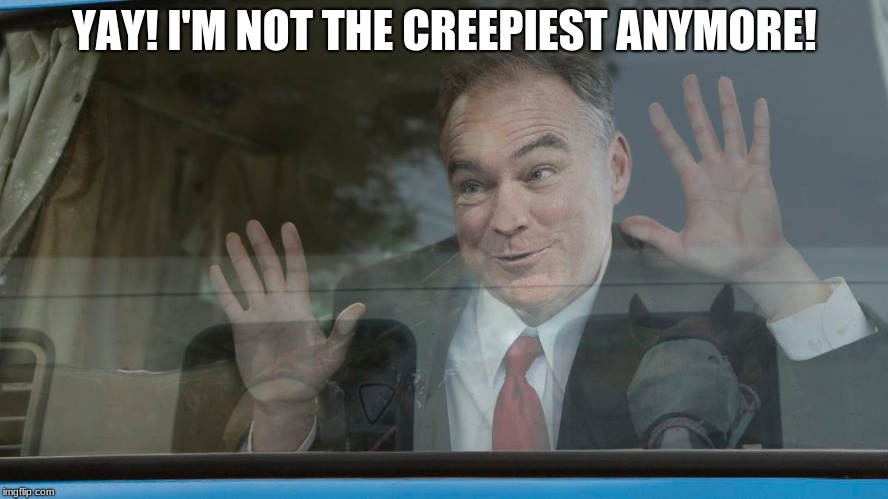 Creepy Tim Kaine | YAY! I'M NOT THE CREEPIEST ANYMORE! | image tagged in tim kaine,peter strzok | made w/ Imgflip meme maker
