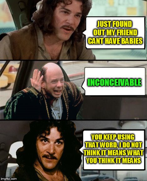 JUST FOUND OUT MY FRIEND CANT HAVE BABIES YOU KEEP USING THAT WORD, I DO NOT THINK IT MEANS WHAT YOU THINK IT MEANS INCONCEIVABLE | made w/ Imgflip meme maker
