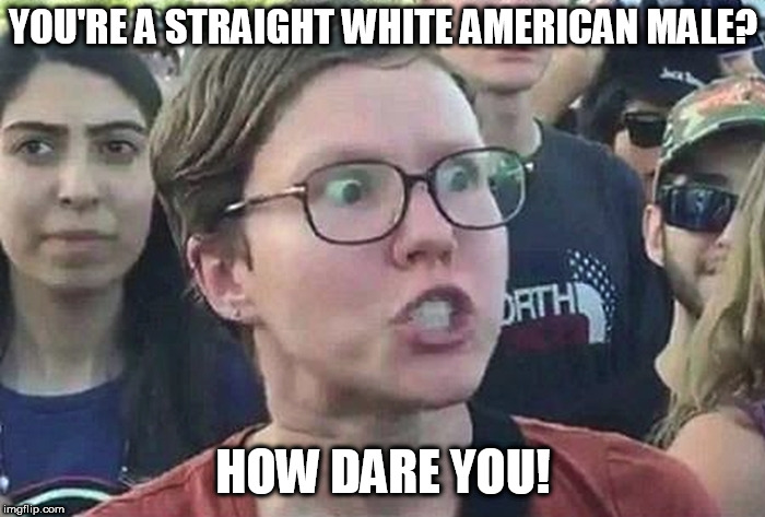 Triggered Liberal | YOU'RE A STRAIGHT WHITE AMERICAN MALE? HOW DARE YOU! | image tagged in triggered liberal | made w/ Imgflip meme maker