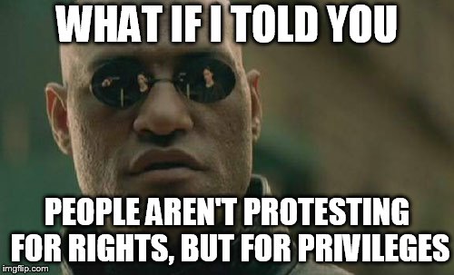 Matrix Morpheus | WHAT IF I TOLD YOU; PEOPLE AREN'T PROTESTING FOR RIGHTS, BUT FOR PRIVILEGES | image tagged in memes,matrix morpheus | made w/ Imgflip meme maker