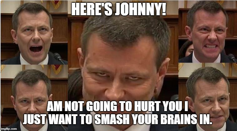 the shining in congress | HERE'S JOHNNY! AM NOT GOING TO HURT YOU I JUST WANT TO SMASH YOUR BRAINS IN. | image tagged in peter strzok | made w/ Imgflip meme maker