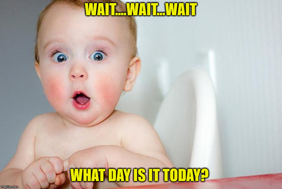 WAIT....WAIT...WAIT; WHAT DAY IS IT TODAY? | image tagged in baby | made w/ Imgflip meme maker