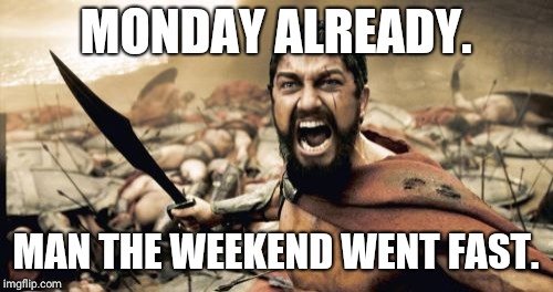 Sparta Leonidas Meme | MONDAY ALREADY. MAN THE WEEKEND WENT FAST. | image tagged in memes,sparta leonidas | made w/ Imgflip meme maker