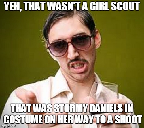 YEH, THAT WASN'T A GIRL SCOUT THAT WAS STORMY DANIELS IN COSTUME ON HER WAY TO A SHOOT | made w/ Imgflip meme maker