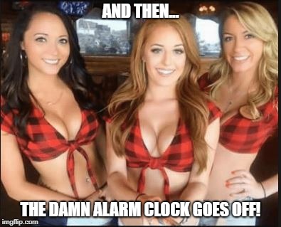 Damn Alarm Clock | AND THEN... THE DAMN ALARM CLOCK GOES OFF! | image tagged in blonde,brunette,redhead,alarm clock | made w/ Imgflip meme maker