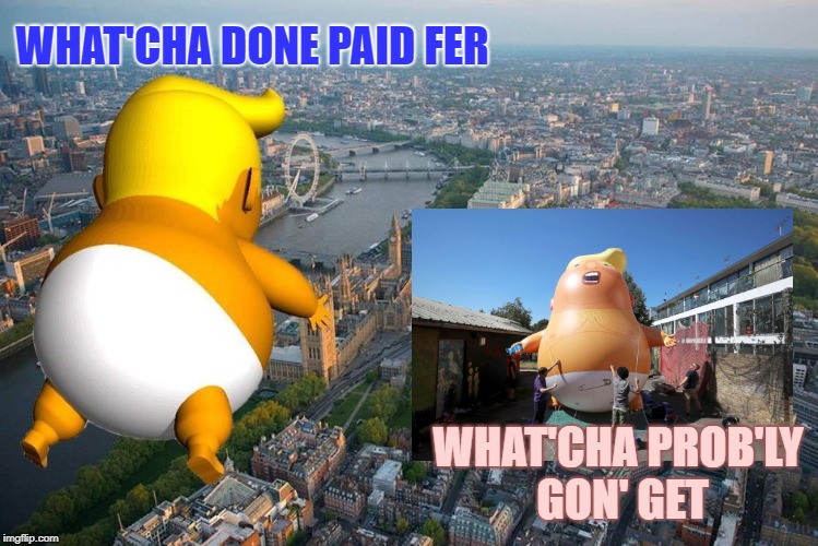 Hype > Real Life | WHAT'CHA DONE PAID FER; WHAT'CHA PROB'LY GON' GET | image tagged in trump blimp,protest,helium,politics | made w/ Imgflip meme maker