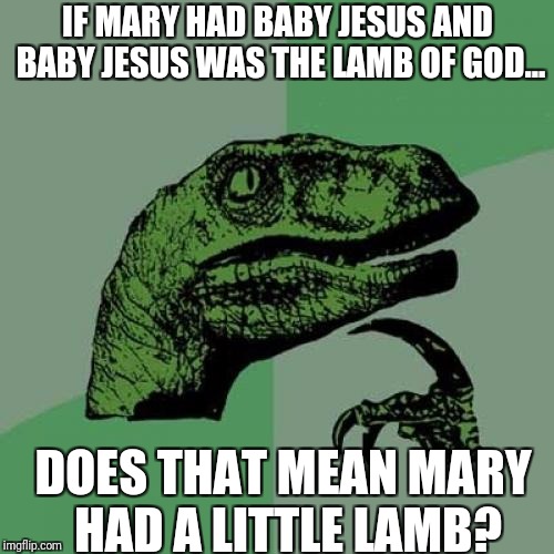 Baby Jesus | IF MARY HAD BABY JESUS AND BABY JESUS WAS THE LAMB OF GOD... DOES THAT MEAN MARY HAD A LITTLE LAMB? | image tagged in memes,philosoraptor | made w/ Imgflip meme maker