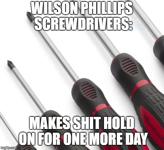 wilson phillips screwdriver | WILSON PHILLIPS SCREWDRIVERS:; MAKES SHIT HOLD ON FOR ONE MORE DAY | image tagged in wilson phillips screwdriver | made w/ Imgflip meme maker