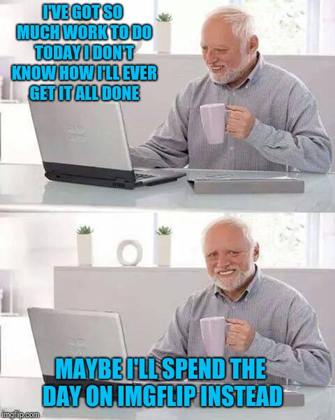 Meme life | I'VE GOT SO MUCH WORK TO DO TODAY I DON'T KNOW HOW I'LL EVER GET IT ALL DONE; MAYBE I'LL SPEND THE DAY ON IMGFLIP INSTEAD | image tagged in memes,hide the pain harold | made w/ Imgflip meme maker