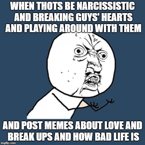 Y U No Meme | WHEN THOTS BE NARCISSISTIC AND BREAKING GUYS' HEARTS AND PLAYING AROUND WITH THEM; AND POST MEMES ABOUT LOVE AND BREAK UPS AND HOW BAD LIFE IS | image tagged in memes,y u no | made w/ Imgflip meme maker