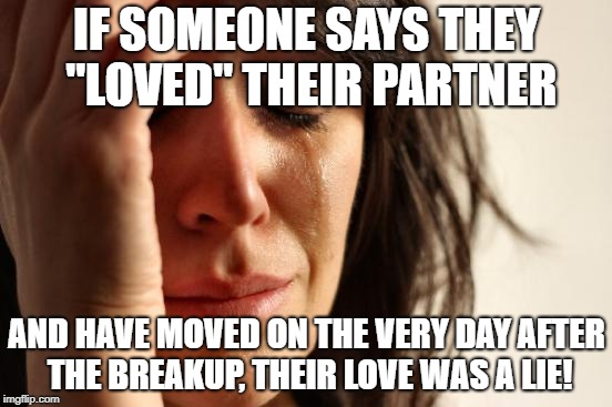 First World Problems Meme | IF SOMEONE SAYS THEY "LOVED" THEIR PARTNER; AND HAVE MOVED ON THE VERY DAY AFTER THE BREAKUP, THEIR LOVE WAS A LIE! | image tagged in memes,first world problems | made w/ Imgflip meme maker