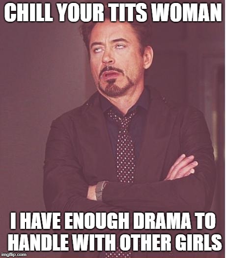 Face You Make Robert Downey Jr | CHILL YOUR TITS WOMAN; I HAVE ENOUGH DRAMA TO HANDLE WITH OTHER GIRLS | image tagged in memes,face you make robert downey jr | made w/ Imgflip meme maker