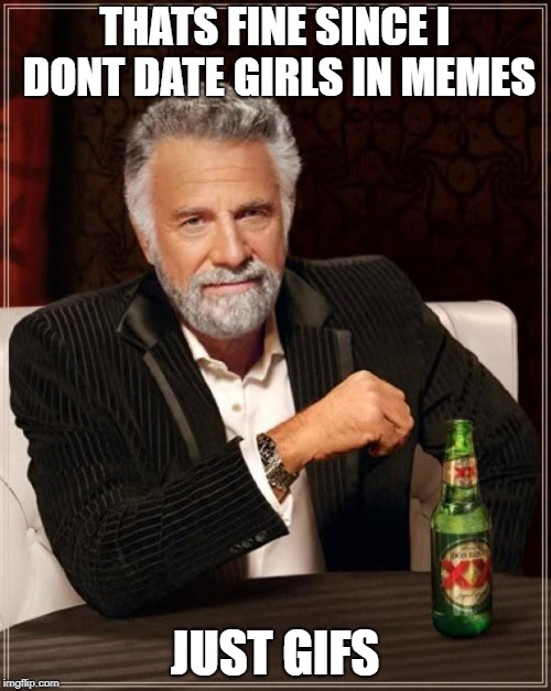 The Most Interesting Man In The World Meme | THATS FINE SINCE I DONT DATE GIRLS IN MEMES JUST GIFS | image tagged in memes,the most interesting man in the world | made w/ Imgflip meme maker