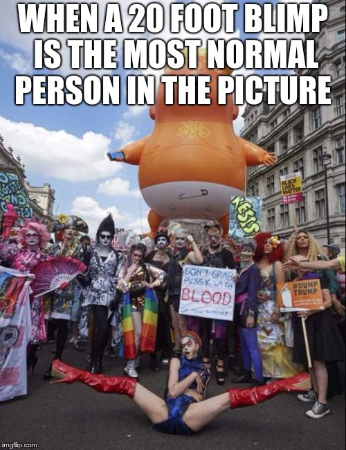 WHEN A 20 FOOT BLIMP IS THE MOST NORMAL PERSON IN THE PICTURE | image tagged in trump_balloon_with_freaks | made w/ Imgflip meme maker