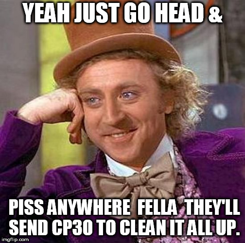 Creepy Condescending Wonka Meme | YEAH JUST GO HEAD & PISS ANYWHERE  FELLA  THEY'LL SEND CP3O TO CLEAN IT ALL UP. | image tagged in memes,creepy condescending wonka | made w/ Imgflip meme maker