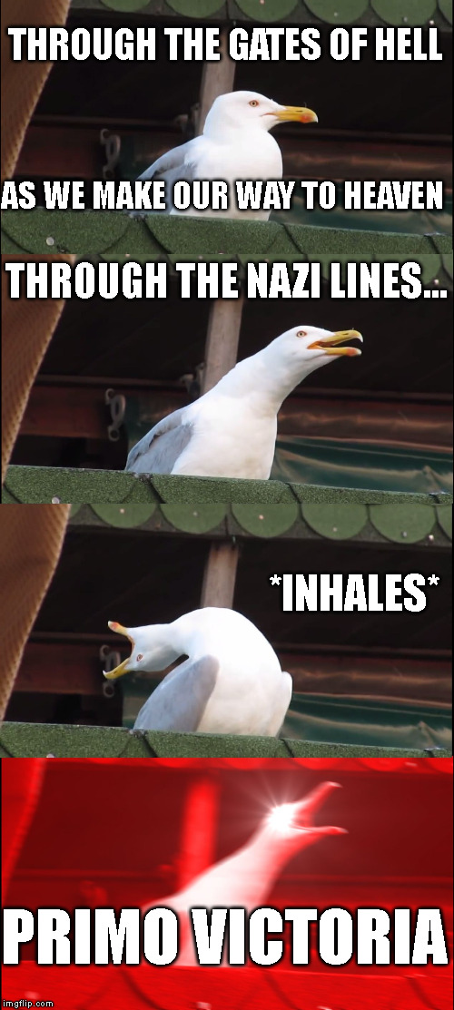 Seabaton | THROUGH THE GATES OF HELL; AS WE MAKE OUR WAY TO HEAVEN; THROUGH THE NAZI LINES... *INHALES*; PRIMO VICTORIA | image tagged in memes,inhaling seagull,metal,power metal,music,rock | made w/ Imgflip meme maker