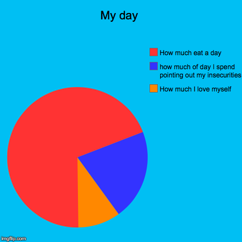 How I spend my days | My day | How much I love myself, how much of day I spend pointing out my insecurities, How much eat a day | image tagged in funny,pie charts | made w/ Imgflip chart maker