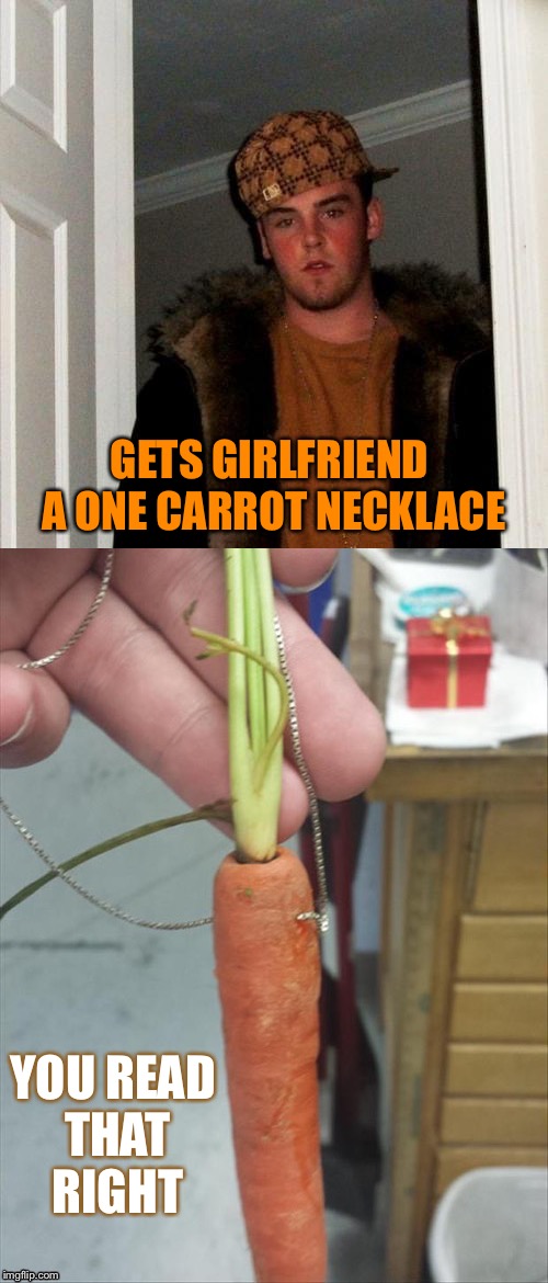 That's pretty bad. | GETS GIRLFRIEND A ONE CARROT NECKLACE; YOU READ THAT RIGHT | image tagged in scumbag steve,carrot,jewelry,memes,funny | made w/ Imgflip meme maker