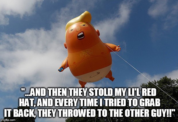 Trump baby | "...AND THEN THEY STOLD MY LI'L RED HAT, AND EVERY TIME I TRIED TO GRAB IT BACK, THEY THROWED TO THE OTHER GUY!!" | image tagged in balloon,trump,red hat | made w/ Imgflip meme maker