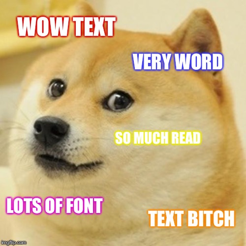 Doge Meme | WOW TEXT; VERY WORD; SO MUCH READ; LOTS OF FONT; TEXT BITCH | image tagged in memes,doge | made w/ Imgflip meme maker