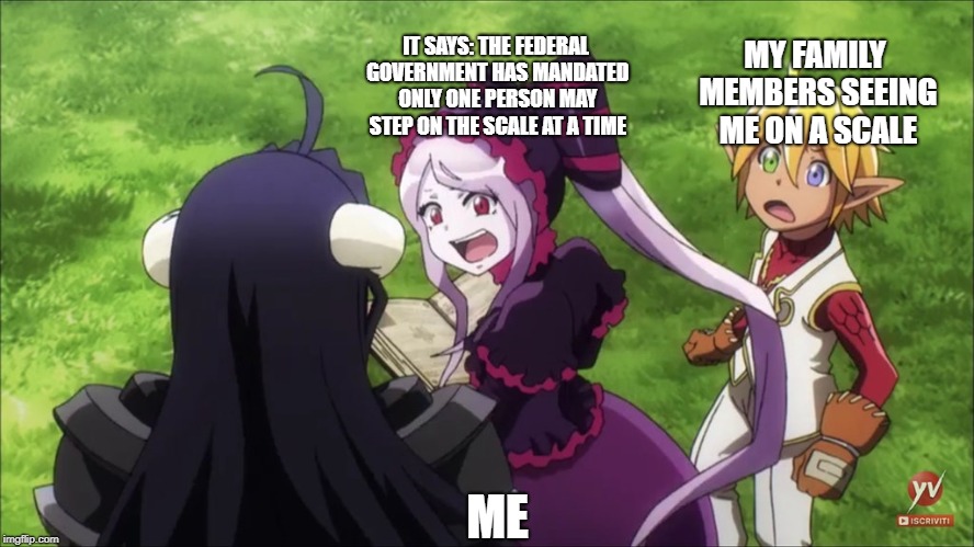 Overlord Season 3 Episode 1 Albedo,Shalltear, Aura, and the Bico | MY FAMILY MEMBERS SEEING ME ON A SCALE; IT SAYS: THE FEDERAL GOVERNMENT HAS MANDATED ONLY ONE PERSON MAY STEP ON THE SCALE AT A TIME; ME | image tagged in overlord season 3 episode 1 albedo shalltear aura and the bico | made w/ Imgflip meme maker