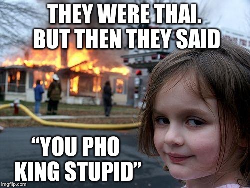 Disaster Girl | THEY WERE THAI. BUT THEN THEY SAID; “YOU PHO KING STUPID” | image tagged in memes,disaster girl | made w/ Imgflip meme maker