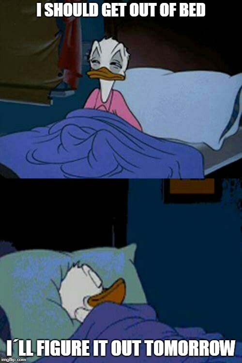 sleepy donald duck in bed | I SHOULD GET OUT OF BED; I´LL FIGURE IT OUT TOMORROW | image tagged in sleepy donald duck in bed | made w/ Imgflip meme maker