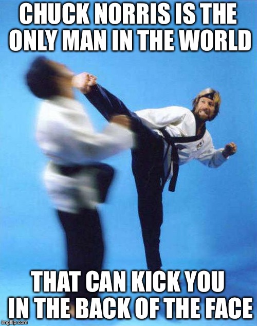 Roundhouse Kick Chuck Norris | CHUCK NORRIS IS THE ONLY MAN IN THE WORLD; THAT CAN KICK YOU IN THE BACK OF THE FACE | image tagged in roundhouse kick chuck norris | made w/ Imgflip meme maker