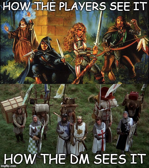 Player vs. DM |  HOW THE PLAYERS SEE IT; HOW THE DM SEES IT | image tagged in dnd,5e,monty python,memes,why,why not | made w/ Imgflip meme maker